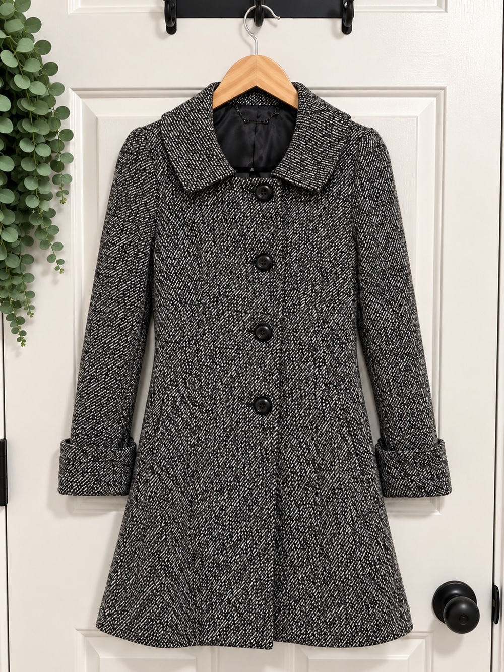 Trina Turk Tweed Swing Coat Wool Blend Black White Button Front Fit and Flare 0